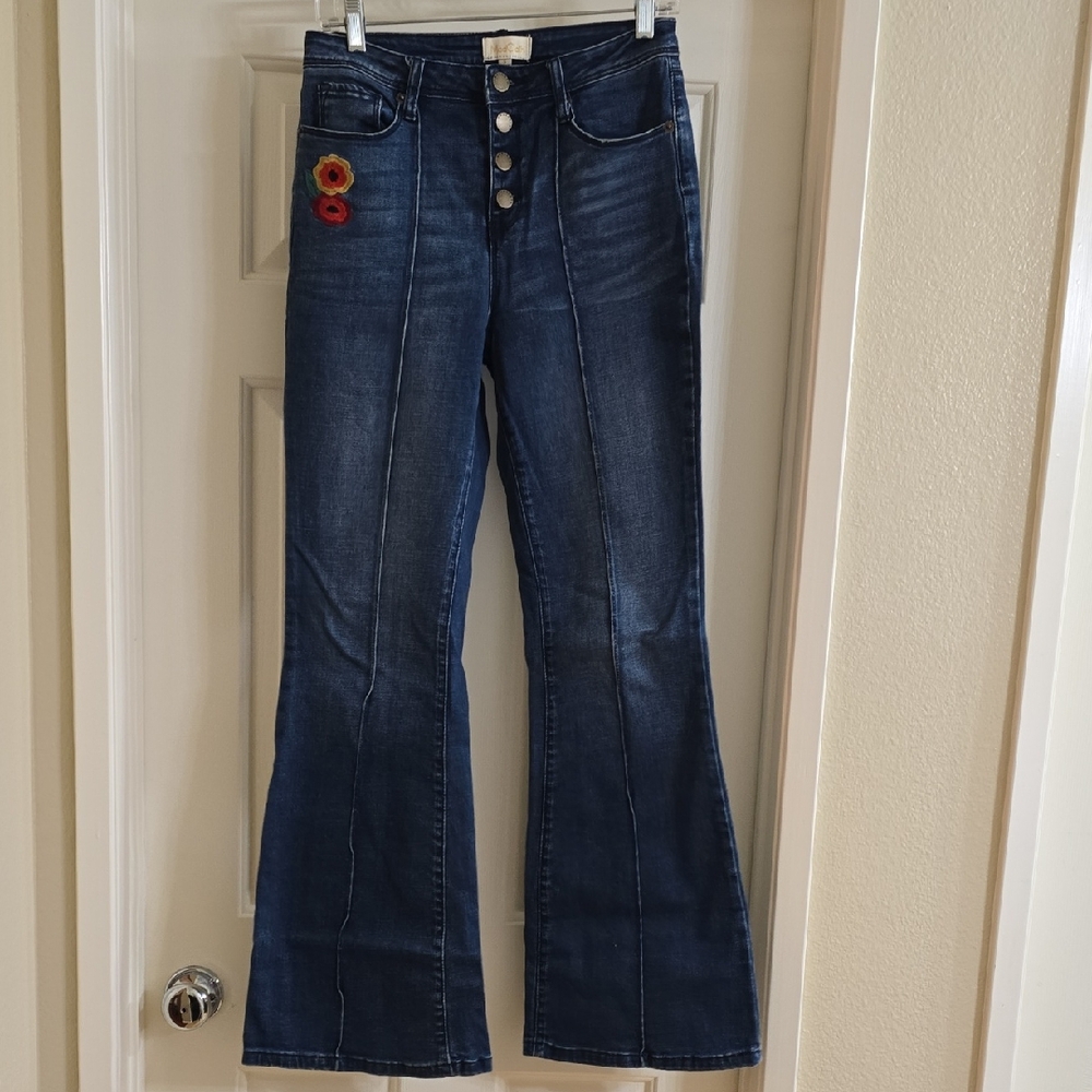 Modcloth Dark Blue Flare Jeans with Floral Accents